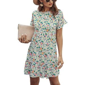 Kirundo Ruffle Short Sleeve Floral Loose Pleated Mini Dress SZ S